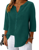 LOMON 3/4 Length Sleeve Womens Tops V Neck 3/4 Sleeve Sides Slit Button Down Shirts Cotton Linen Casual Loose Blouses