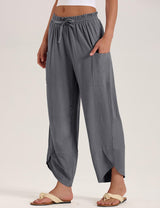 LOMON Women Linen Palazzo Pants Boho Wide Leg Elastic Waisted Casual Capri Pant Summer Harem Lounge with Pockets