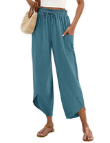 LOMON Women Linen Palazzo Pants Boho Wide Leg Elastic Waisted Casual Capri Pant Summer Harem Lounge with Pockets
