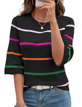 LOMON Womens Sweaters Casual Fall 2025 Crew Neck Striped 3/4 Sleeve Lightweight Knit Trendy Pullover Sweater Tops S-XL