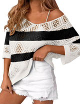 LOMON Womens 3/4 Sleeve Crochet Tops Off Shoulder Hollow Out Sweater V Neck Casual Loose Fit Beach Cover Up