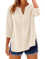 LOMON 3/4 Length Sleeve Womens Tops V Neck 3/4 Sleeve Sides Slit Button Down Shirts Cotton Linen Casual Loose Blouses