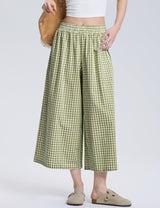 LOMON Womens Wide Leg Capri Pants Gingham Plaid Culottes Summer Elastic Waist Palazzo Trousers Bottoms with Pockets