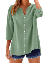 LOMON Womens 3/4 Sleeve Button Down Shirts Cotton Linen Roll Up Short Sleeve Tops V Neck Casual Loose Fit Blouses