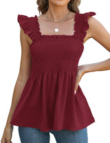 LOMON Womens Tank Tops Fashion Summer Ruffle Flying Sleeve Smocked Blouses Square Neck Sleeveless Shirts Babydoll Shirt