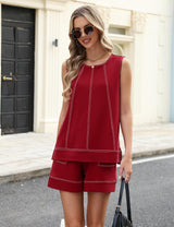 LOMON Womens Two Piece Short Sets Summer Round Neck Sleeveless Tank Tops Drawstring Elastic Waist Shorts with Pockets