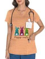 LOMON Women's V Neck Printed Scrub Top with 3 Pockets