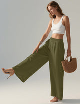 LOMON Linen Pants Women Wide Leg Palazzo Summer Flowy Pants Beach Vacation Clothes Elastic Waist Travel Trousers with Pockets