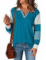 LOMON V Neck Long Sleeve Loose Sweaters Color Block Striped Knitted Pullover Jumper Tops