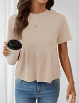 LOMON Spring Peplum Tops for Women Babydoll Pleated Short Sleeve Crop Swing Shirts Blouses Trendy Casual Clothing 2026