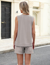 LOMON Womens Two Piece Short Sets Summer Round Neck Sleeveless Tank Tops Drawstring Elastic Waist Shorts with Pockets