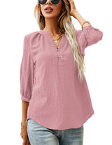 LOMON Women's Casual 3/4 Sleeve Henley V-Neck Button Up Pleated Back Blouses Swiss Dot Blouse Tops T-Shirts S-XXL