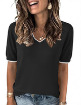 LOMON Womens 2026 Spring V Neck Sweater Casual Tops Short Sleeve Lightweight Ribbed Knit Pullover Sweaters