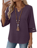 LOMON Womens 3/4 Sleeve V Neck Bohemian Blouses Casual Loose Fit Tunic Tops Vacation Clothes