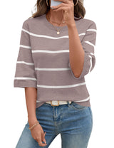 LOMON Womens Sweaters Casual Fall 2025 Crew Neck Striped 3/4 Sleeve Lightweight Knit Trendy Pullover Sweater Tops S-XL