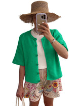Lomon Womens Spring Summer Short Sleeve Cardigan Sweaters Trendy Crew Neck Button Down Lightweight Knit Outfit Y2k Clothes