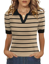 LOMON Womens Puff Short Sleeve Polo Sweater V Neck Knitted Tops Casual Ribbed Shirt Pullover Blouse