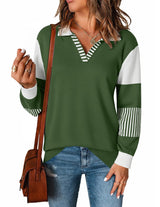 LOMON V Neck Long Sleeve Loose Sweaters Color Block Striped Knitted Pullover Jumper Tops