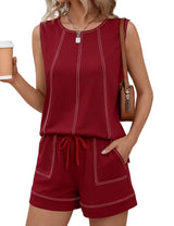 LOMON Womens Two Piece Short Sets Summer Round Neck Sleeveless Tank Tops Drawstring Elastic Waist Shorts with Pockets