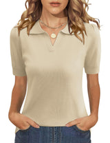 LOMON Womens Puff Short Sleeve Polo Sweater V Neck Knitted Tops Casual Ribbed Shirt Pullover Blouse