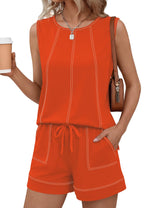 LOMON Womens Two Piece Short Sets Summer Round Neck Sleeveless Tank Tops Drawstring Elastic Waist Shorts with Pockets