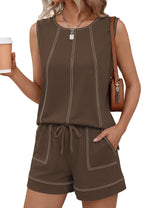 LOMON Womens Two Piece Short Sets Summer Round Neck Sleeveless Tank Tops Drawstring Elastic Waist Shorts with Pockets