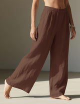 LOMON Linen Pants Women Wide Leg Palazzo Summer Flowy Pants Beach Vacation Clothes Elastic Waist Travel Trousers with Pockets