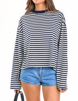 LOMON Striped Long Sleeve Shirt Women Y2k Oversized Crewneck Fall Spring Drop Shoulder Vintage Tops Teen Girl Clothes