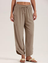 LOMON Women Linen Palazzo Pants Boho Wide Leg Elastic Waisted Casual Capri Pant Summer Harem Lounge with Pockets