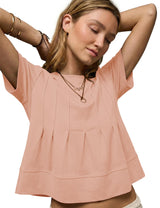 LOMON Spring Peplum Tops for Women Babydoll Pleated Short Sleeve Crop Swing Shirts Blouses Trendy Casual Clothing 2026