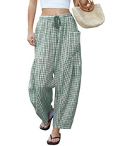 LOMON Womens Wide Leg Linen Pants Casual Drawstring Palazzo Harem Pants Summer Loose Beach Travel Vacation Pants with Pockets