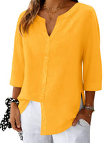 LOMON 3/4 Length Sleeve Womens Tops V Neck 3/4 Sleeve Sides Slit Button Down Shirts Cotton Linen Casual Loose Blouses