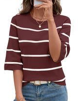 LOMON Womens Sweaters Casual Fall 2025 Crew Neck Striped 3/4 Sleeve Lightweight Knit Trendy Pullover Sweater Tops S-XL