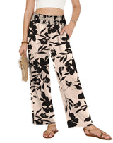 LOMON Womens Elastic High Waisted Palazzo Pants Casual Wide Leg Long Beach Vacation Trousers with Pockets