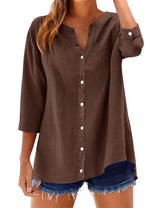 LOMON Womens 3/4 Sleeve Button Down Shirts Cotton Linen Roll Up Short Sleeve Tops V Neck Casual Loose Fit Blouses