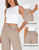 LOMON Womens Linen Pants Summer Wide Leg Cotton Pants Drawstring Elastic Waist Casual Loose Slacks Work Trousers with Pockets