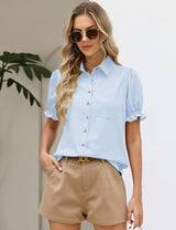 LOMON Linen Shirts for Women Puff Sleeve Button Down Summer Casual Cotton Linen Blouses Collared Work Tops Dressy