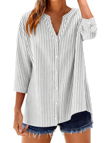 LOMON Cotton 3/4 Sleeve Button Down Shirts for Women Gingham Plaid Striped Tops V Neck Casual Loose Blouse