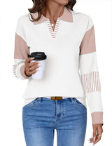 LOMON V Neck Long Sleeve Loose Sweaters Color Block Striped Knitted Pullover Jumper Tops