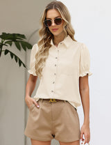 LOMON Linen Shirts for Women Puff Sleeve Button Down Summer Casual Cotton Linen Blouses Collared Work Tops Dressy