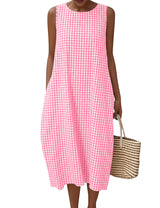 LOMON Summer Dresses for Women Cotton Casual Maxi Dress Beach Vacation Long Sundresses Plaid Striped with Pockets