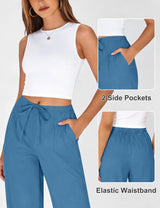 LOMON Womens Linen Pants Summer Wide Leg Cotton Pants Drawstring Elastic Waist Casual Loose Slacks Work Trousers with Pockets