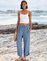 LOMON Women Linen Palazzo Pants Boho Wide Leg Elastic Waisted Casual Capri Pant Summer Harem Lounge with Pockets