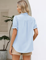 LOMON Linen Shirts for Women Puff Sleeve Button Down Summer Casual Cotton Linen Blouses Collared Work Tops Dressy