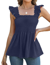LOMON Womens Tank Tops Fashion Summer Ruffle Flying Sleeve Smocked Blouses Square Neck Sleeveless Shirts Babydoll Shirt