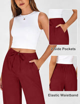LOMON Womens Linen Pants Summer Wide Leg Cotton Pants Drawstring Elastic Waist Casual Loose Slacks Work Trousers with Pockets