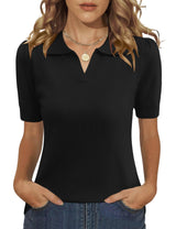 LOMON Womens Puff Short Sleeve Polo Sweater V Neck Knitted Tops Casual Ribbed Shirt Pullover Blouse