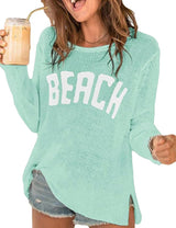 LOMON Beach Cover Up for Women Letter Print Long Sleeve Sweater Crochet Tops Shirts Casual Crewneck Split Hem Pullover