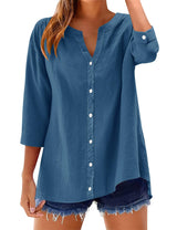 LOMON Womens 3/4 Sleeve Button Down Shirts Cotton Linen Roll Up Short Sleeve Tops V Neck Casual Loose Fit Blouses