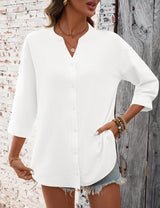 LOMON 3/4 Length Sleeve Womens Tops V Neck 3/4 Sleeve Sides Slit Button Down Shirts Cotton Linen Casual Loose Blouses
